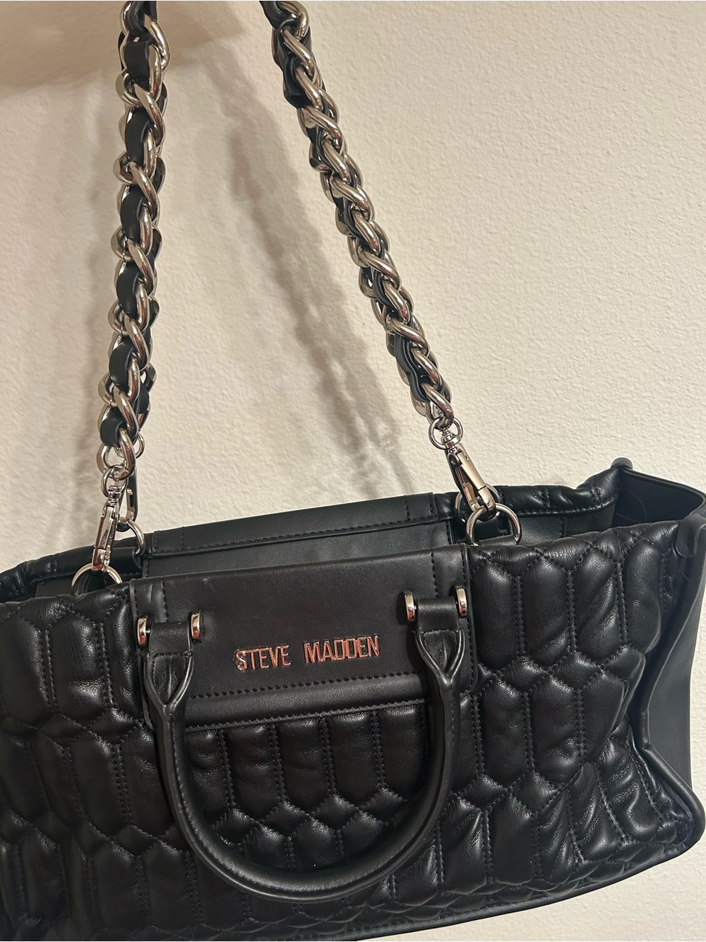Steve Madden Black Quilted Shoulder Tote with Chain Straps